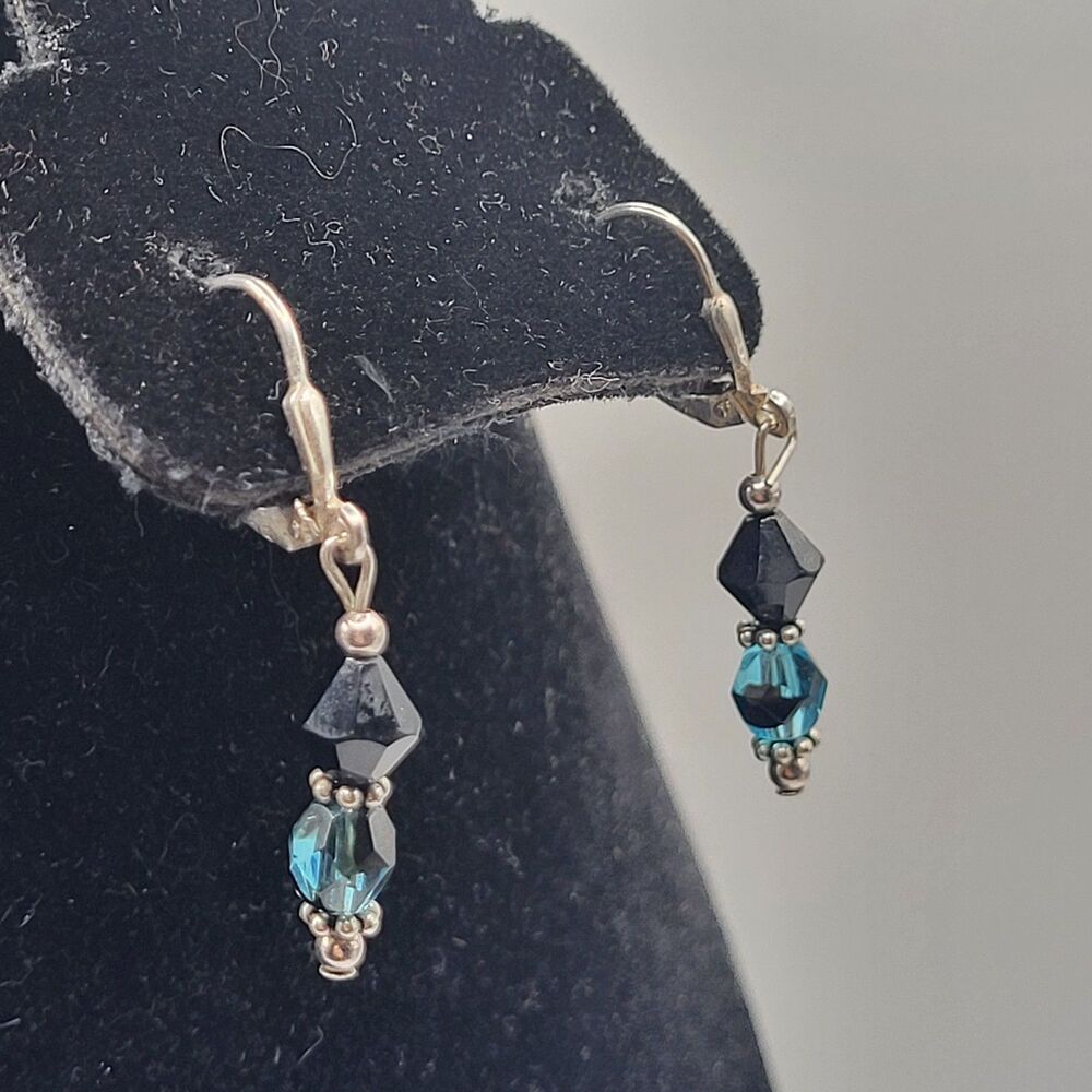 Vintage 925 Sterling Silver Dangle Earrings Black & Aqua Blue Swarovski Crystal